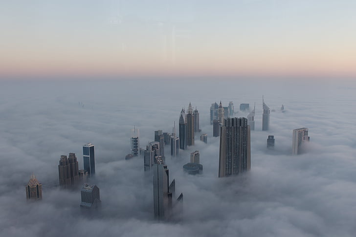 paysage urbain, brouillard, Dubai, lever du soleil, Burj, Émirats Arabes Unis