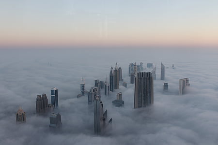 Panoráma města, mlha, Dubaj, východ slunce, Burj, Spojené arabské emiráty