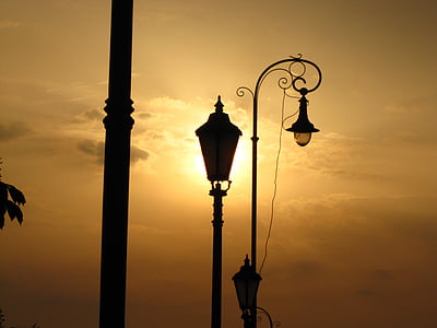 lampe, sollys, skyer, gadelygte, gade lys, elektrisk lampe, Sunset