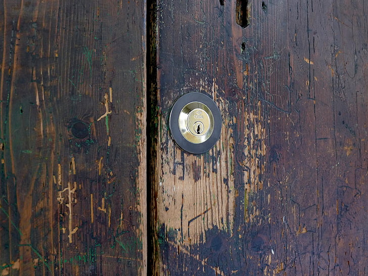 võtmeauk, puidust uks, kriimustatud ukse, lukk, puit, vana, uks