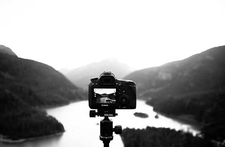 negro, réflex digital, cámara, pantalla, Fotografía, montañas, valles