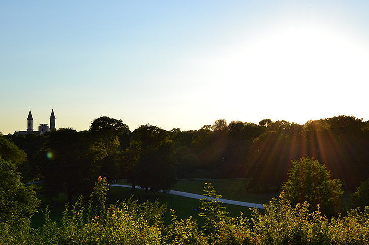 english garden, munich, sunset, silhouette, bavaria, park