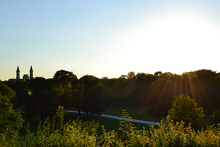 jardí anglès, Munic, posta de sol, silueta, Baviera, Parc