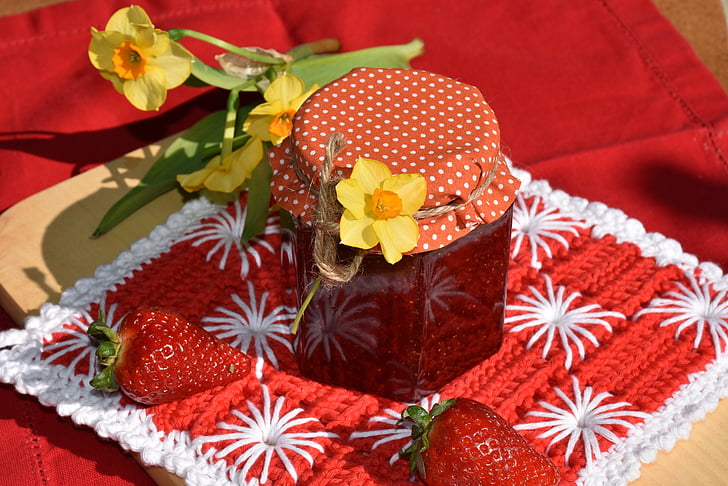 strawberry jam, strawberries, fruit, red, breakfast, sweet, delicious