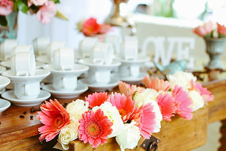 컵, 접시, 세라믹, 꽃, 부케, 인테리어, 디자인