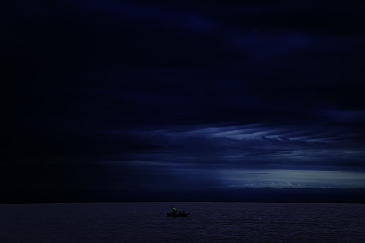 person, riding, boat, night, sea, sky, boats
