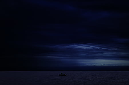 pessoa, equitação, barco, à noite, mar, céu, Barcos