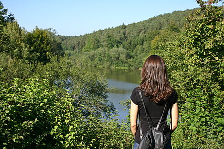 woman, girl, landscape, lake, forest, hike, hiking