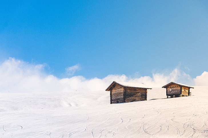 two, brown, wooden, shed, snow, highland, mountain