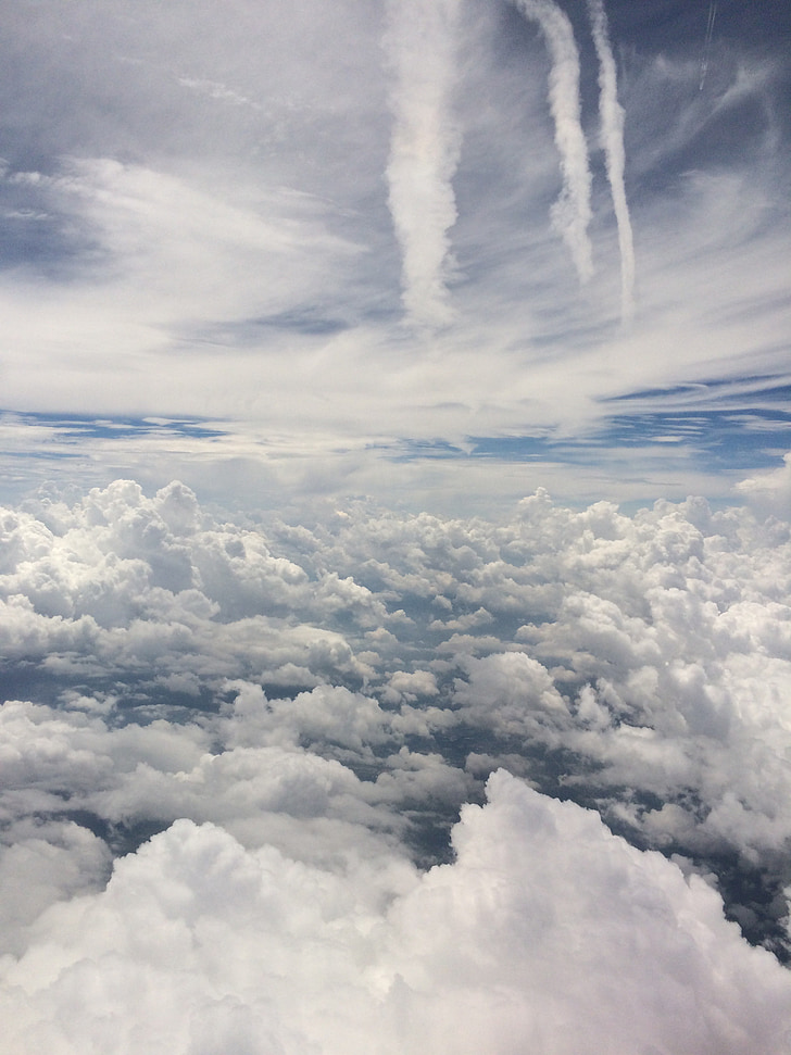 debesys, plokštumoje, dangus, lėktuvas, kelionės, skristi, skrydžio