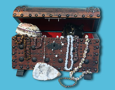 skattkista, bröstet, pärlor, Box, öppna, dekoration, smycken