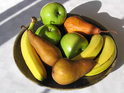 voće, jabuka, banana, kruška, svježe, zdjela, zrela