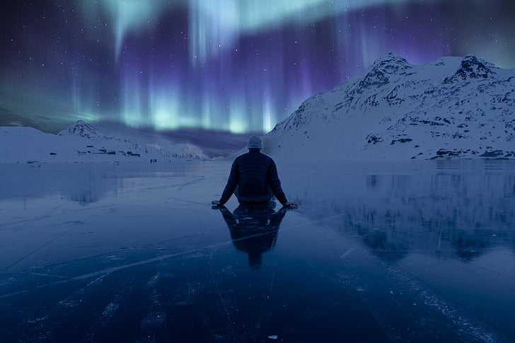 northern lights, ice, mountain, northern, arctic, aurora, reflection