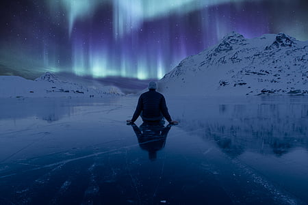 luces del norte, hielo, montaña, Norte, Ártico, Aurora, reflexión