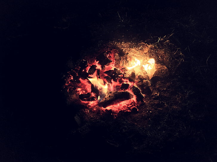 화재, 불씨, 벽난로, 밤, 어두운, 열, 따뜻한