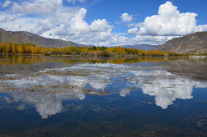 étang, Tibet, ciel bleu, Nuage, Aquarelle, nature, Lac