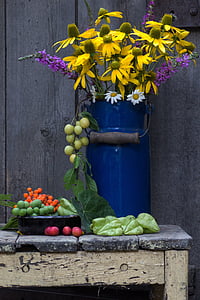 still life, pot, wooden door, background, flowers, sun hat