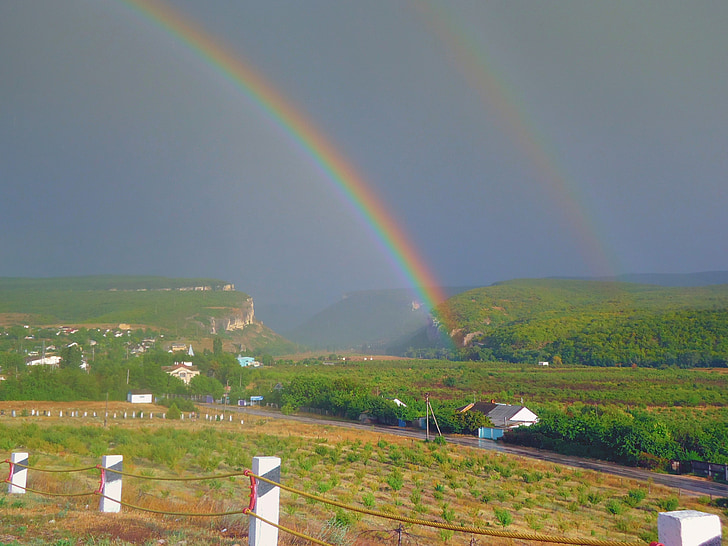 Crimea, paesaggio, scenico, arcobaleno, cielo, nuvole, edifici