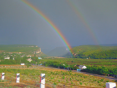 Krim, landskapet, naturskjønne, regnbue, himmelen, skyer, bygninger