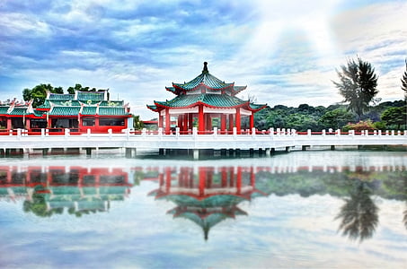 asiàtic, Temple, cultura, riu, l'aigua, reflexió, blau