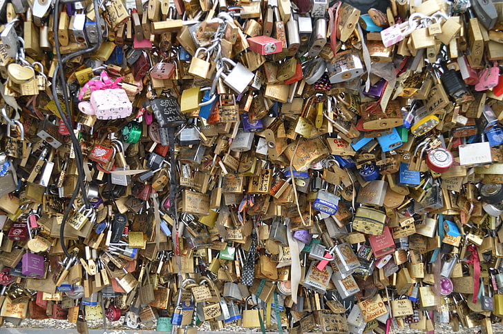 piekaramās slēdzenes, mākslas tiltu, Paris, mīlu, bloķēšana, romantika, simbols