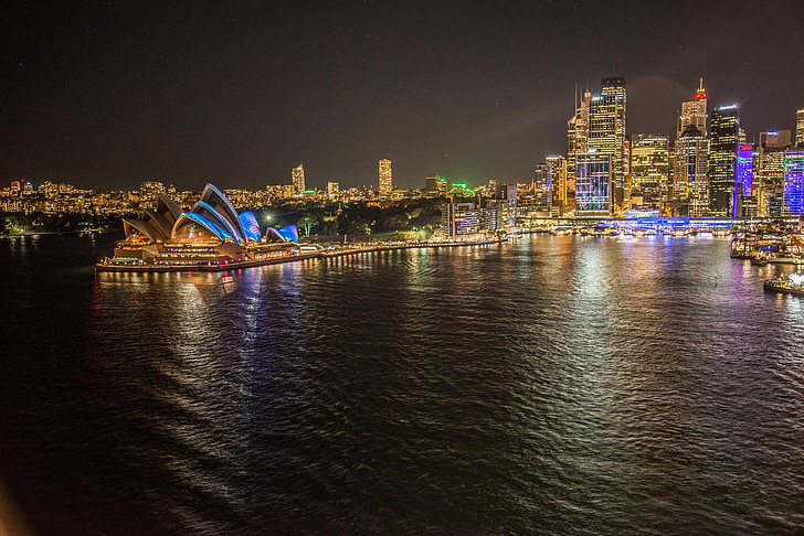 Sydney, Australia, Porto di Sydney, Sydney opera house, notte, edifici, spettacolo di luci