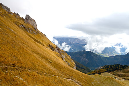 dolomites, mountains, sky, grass, rock, hiking, holiday