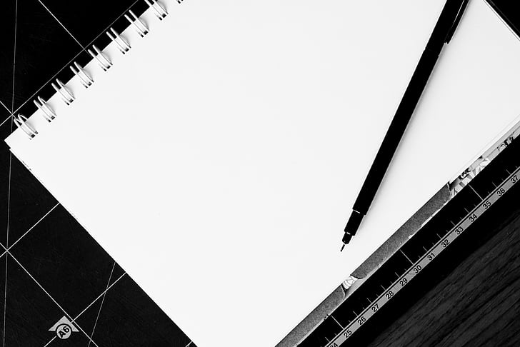 Notebook, pluma, tabla, en blanco, escritorio, papel, Nota