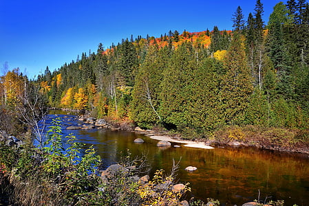 Осенний пейзаж, Осень, Река, лес, цвета, Гора, падение воды