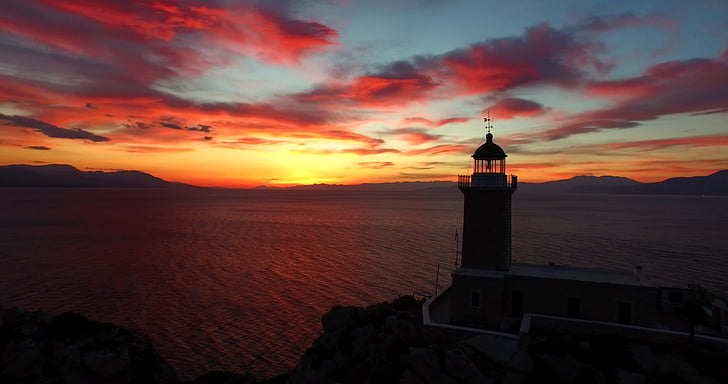 view, lighthouse, near, body, water, sunset, sunrising