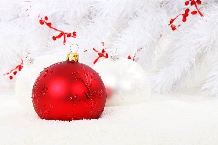 red, baubles, white, feather, textile, christmas, holiday