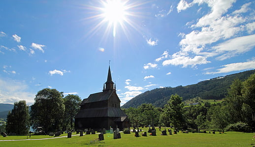 стъпаловидно оформената дървена църква, Норвегия, обратно светлина, гробище, места на интереси, сграда, атракция