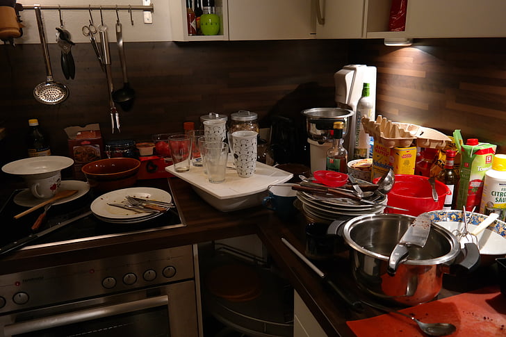 Kuchyňa, neporiadok, nečisté, Stolový riad, Riad amp kuchynské náčinie, hrnce, tanier