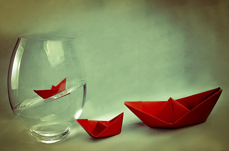 hajó, el, csónak, váza, víz, piros, papír csónak