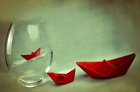 ship, away, boat, vase, water, red, paper boat