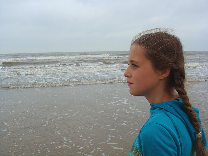 meisje, zee, strand, golven, natuur, zand, landschap
