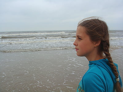 Dziewczyna, morze, Plaża, fale, Natura, piasek, krajobraz
