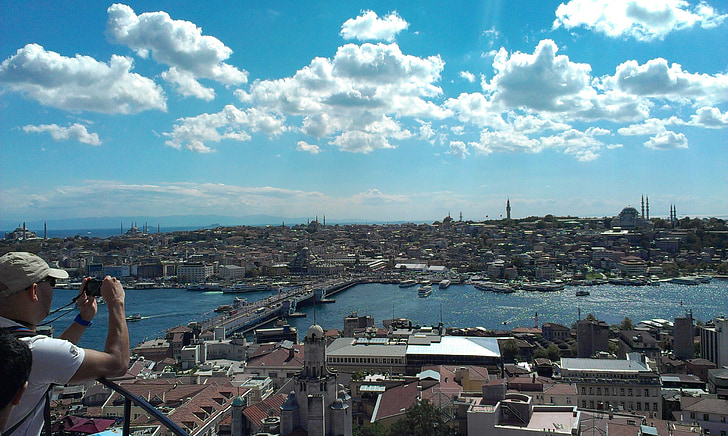 istanbul, galata tower, view, port, water, clouds, tourist