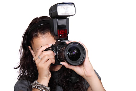 kamery, Cyfrowy, Sprzęt, Kobieta, Dziewczyna, na białym tle, obiektyw