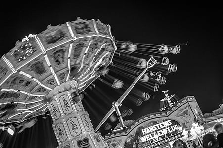 black white, funfair, funfair carousel, night, amusement park, arts culture and entertainment, amusement park ride