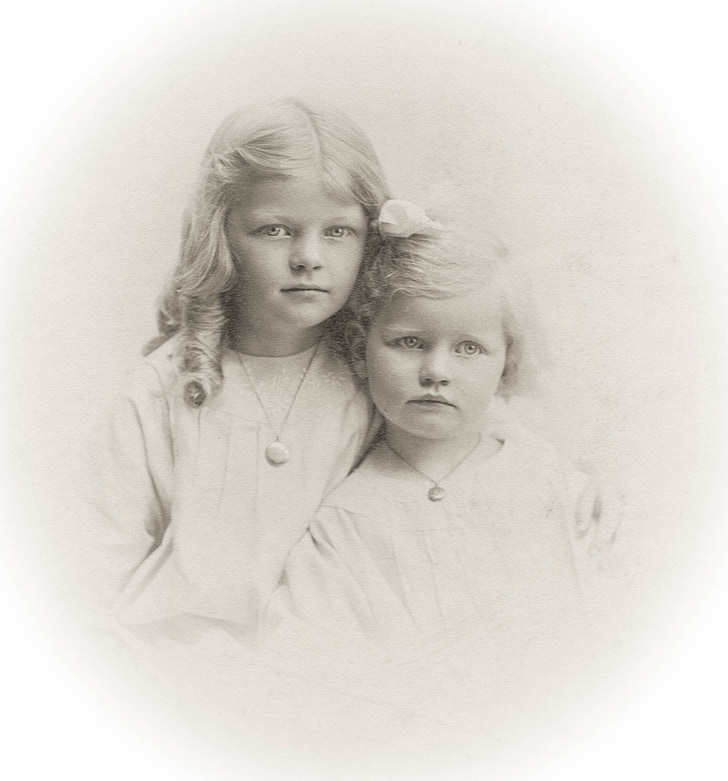 dekleta, Vintage, otroci, 1910, sepia, sestre, retro