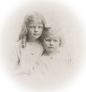 flickor, Vintage, barn, 1910, Sepia, systrar, retro