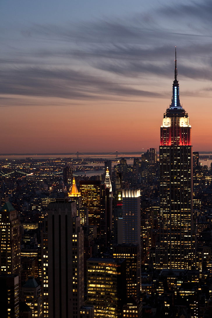New york city, notte, sera, cielo, nuvole, edifici, grattacieli