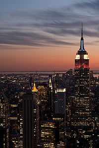 New york city, öö, õhtul, taevas, pilved, hoonete, kõrghooneid