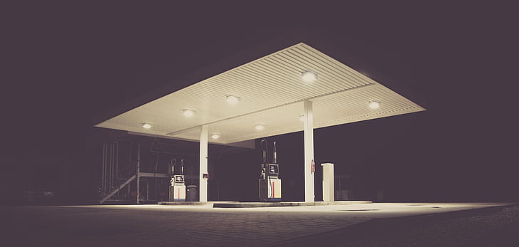 filling station, gas, gas station, gasoline station, night, illuminated, no people
