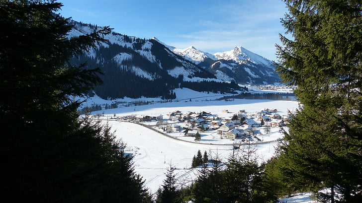 Tyrol, tannheimertal, vecmāmiņa, ziemas, sniega, debesis, zila