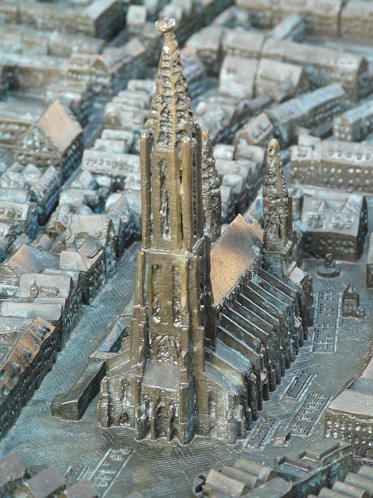 reljefo, žemėlapyje, Ulmo katedra, Miunsteris, Ulmas, Metalinės plokštelės, BRONZINIS reljefas