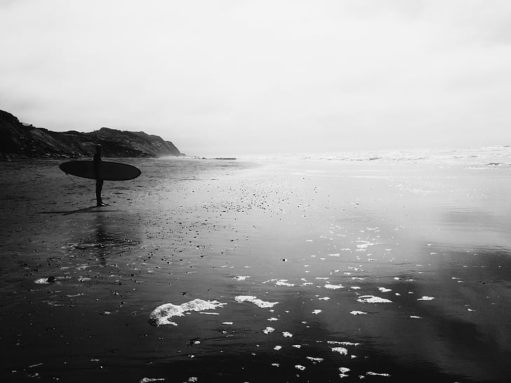 sivine, fotografija, telo, vode, črno-belo, surfer, surf krovu