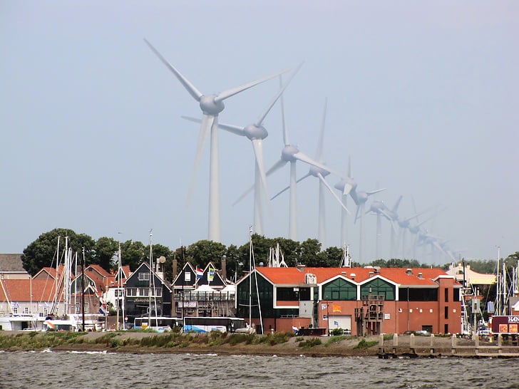 turbine de vent, énergie éolienne, paysage, horizon, village de pêcheurs, Urk, vue