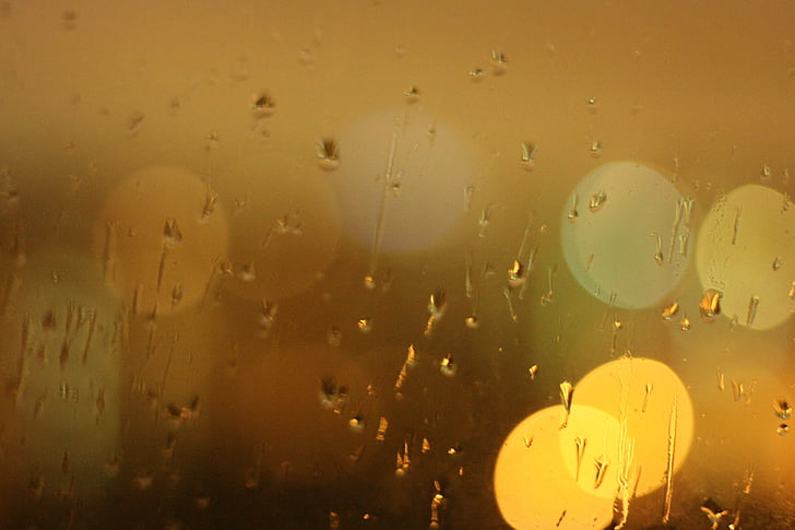 kaca, malam, hujan, basah, jendela, emas, drop